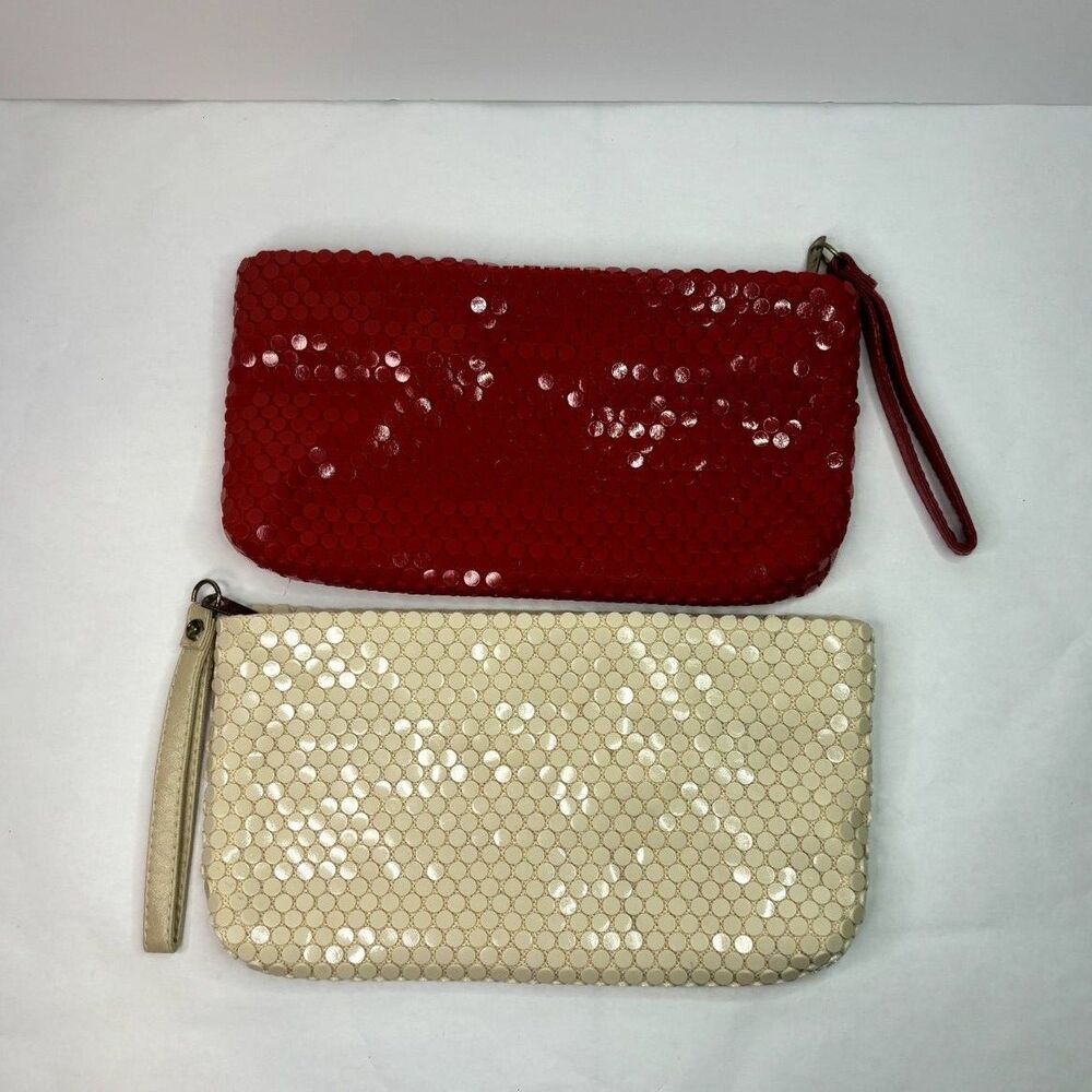 La Regale Vintage Bundle Sequin Zip Wristlet Purse Red Tan Leather Designer